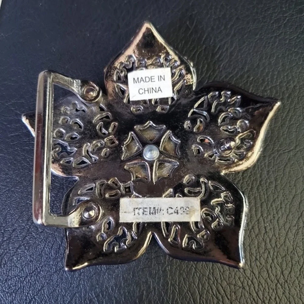 Ornate Rhinestone Filigree Flower Belt Buckle Gunmetal Silver Tone Steampunk